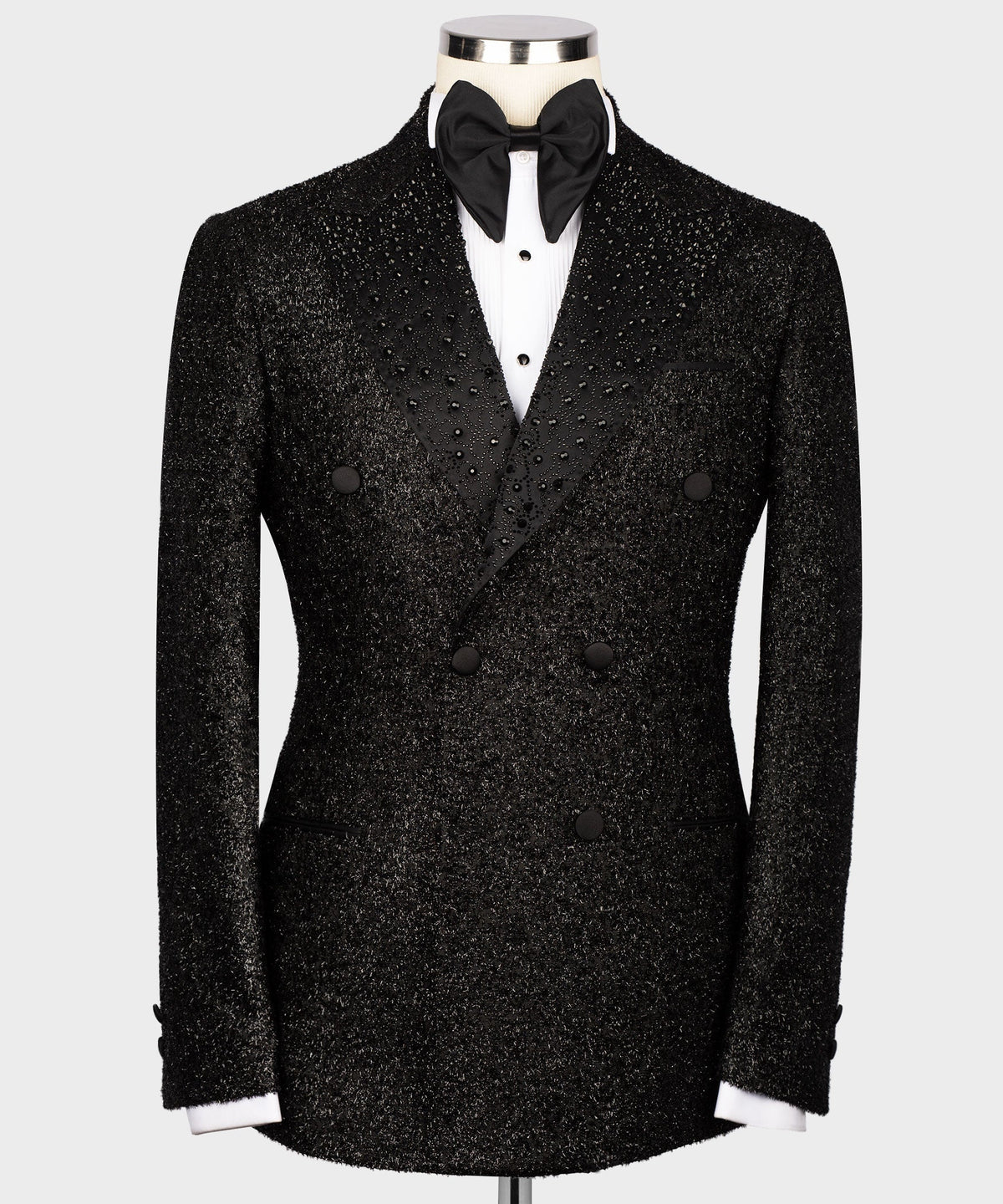 Black gemstone-embroidered tuxedo jacket with satin lapels and double-breasted buttons