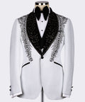 White tuxedo jacket with black stone-embroidered feather stencil lapels