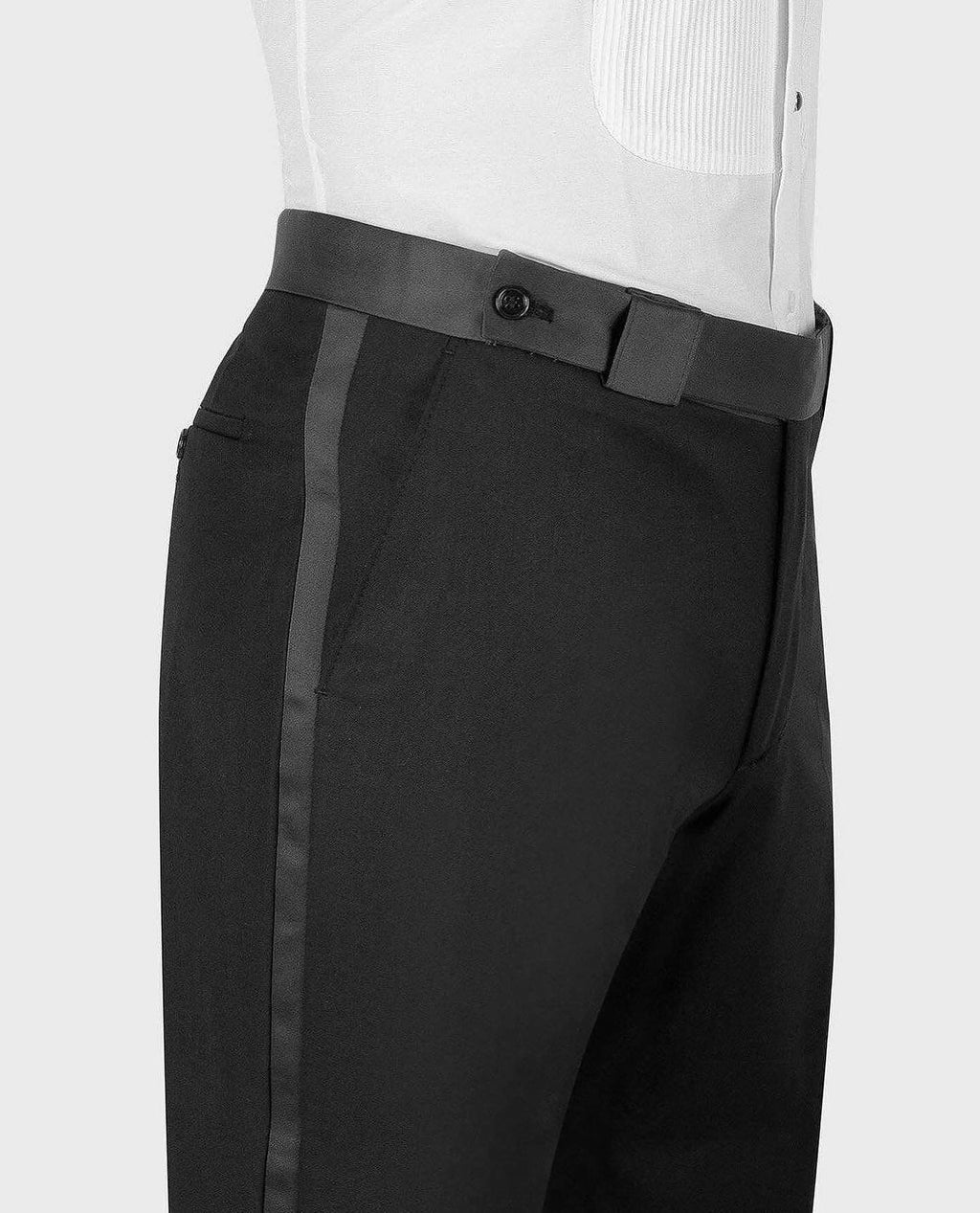 Black tuxedo trousers with belt loops and center-front pleat detail