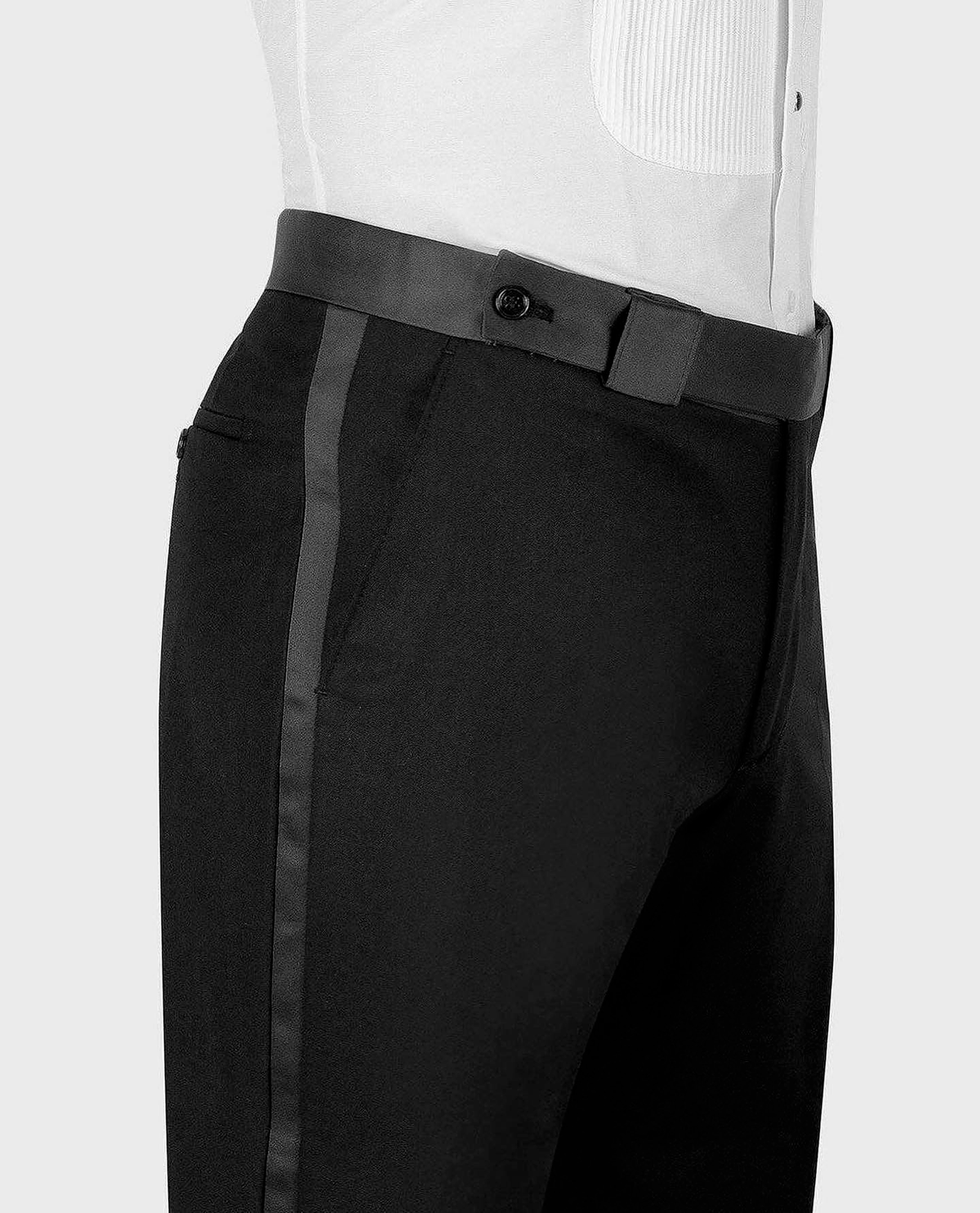 Black tuxedo trousers with waistband, belt loops, and front closure button