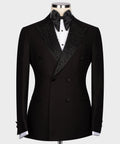 Black tuxedo jacket with jeweled black embroidery on satin lapels and double-breasted buttons