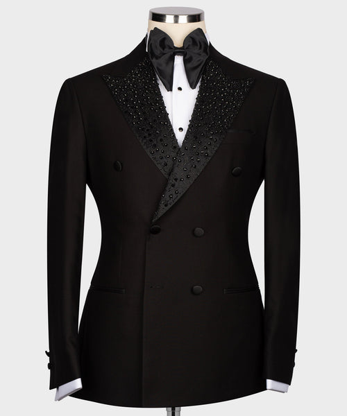 Black tuxedo jacket with gemstone-embroidered satin lapels, double-breasted buttons