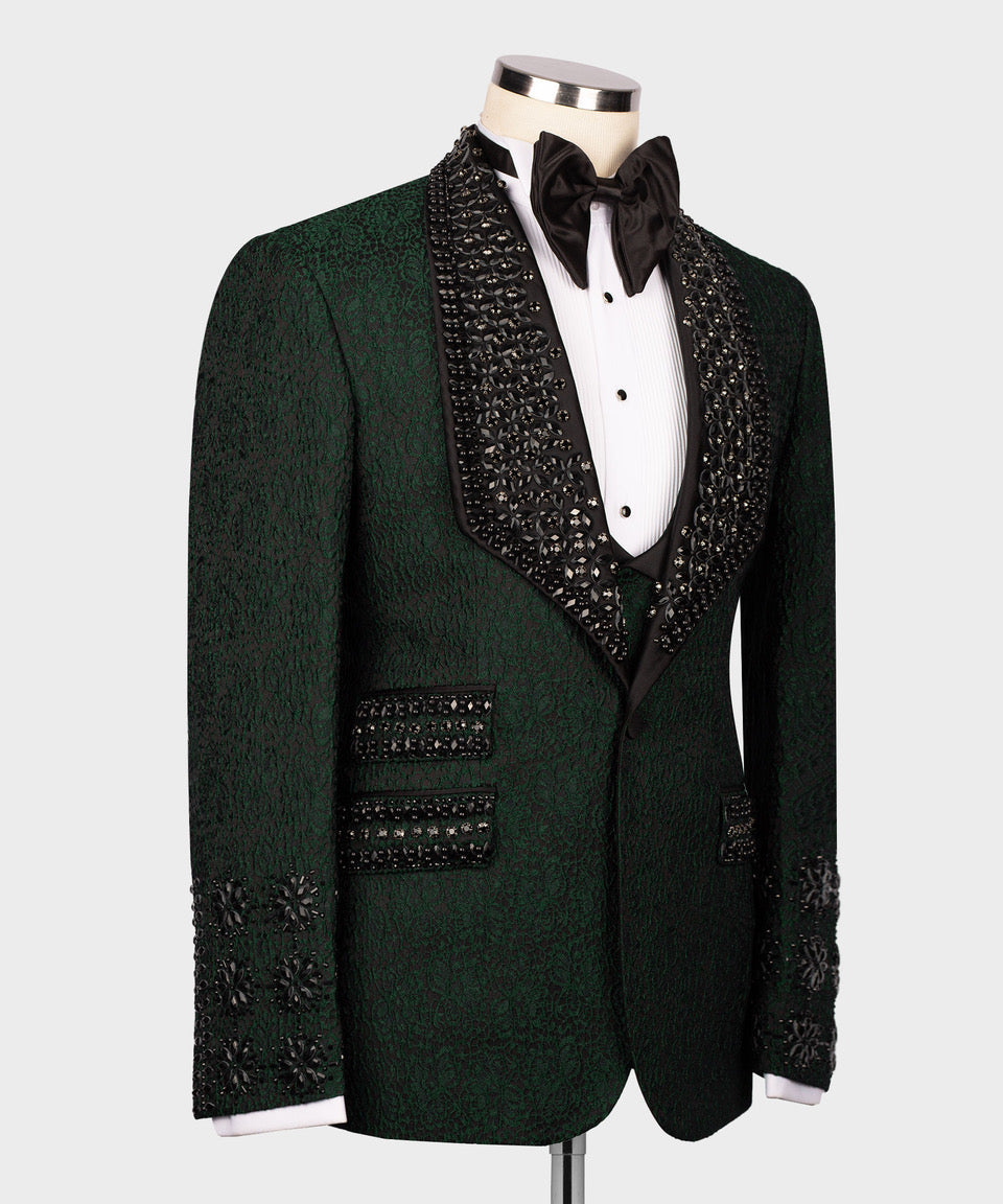 Tuxedo jacket front in dark green with black embellished trim and white shirt