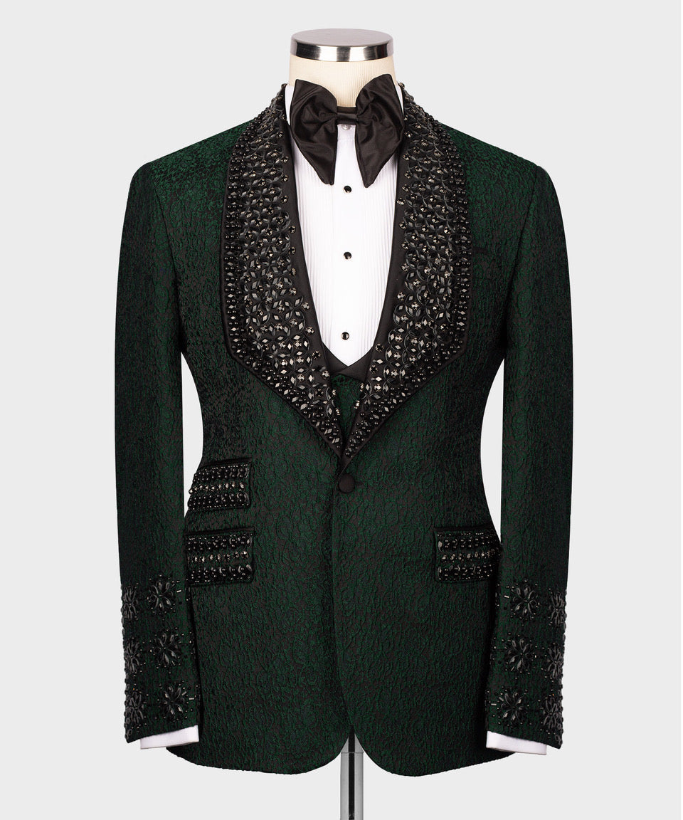Green tuxedo jacket with black beaded satin lapels, black bow tie, and white shirt front