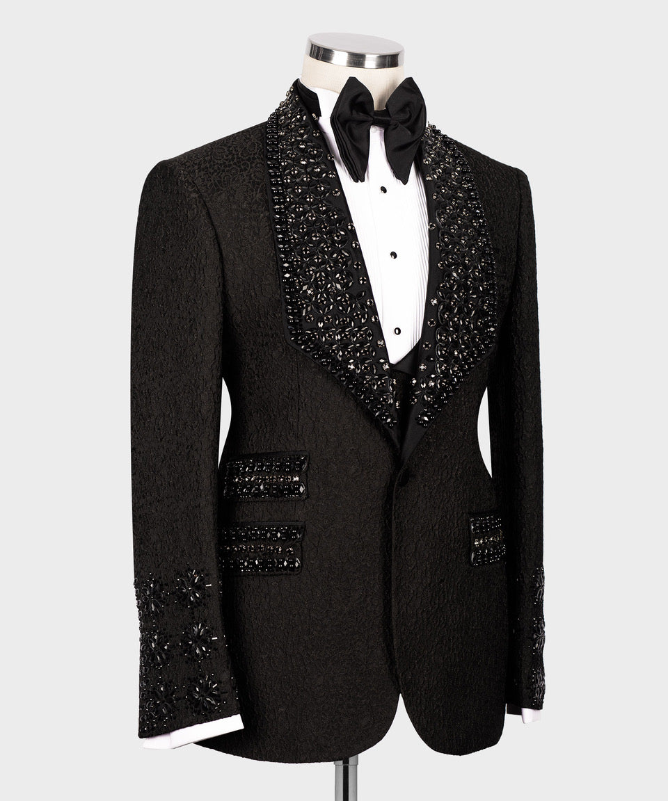 Black tuxedo jacket with bow tie and jeweled front panels