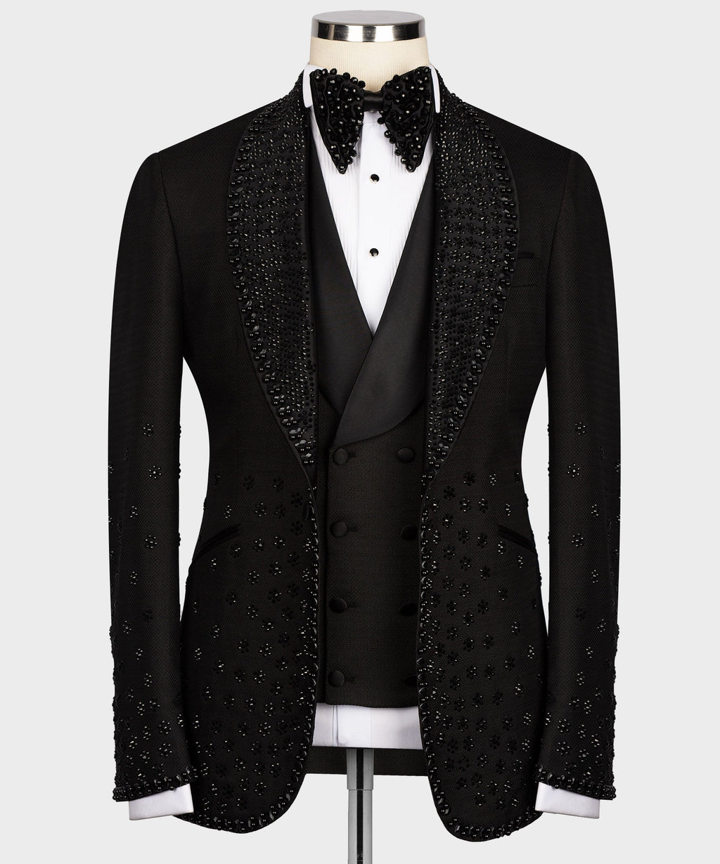 Black tuxedo suit jacket with buttoned vest front and sparkling embellished trim