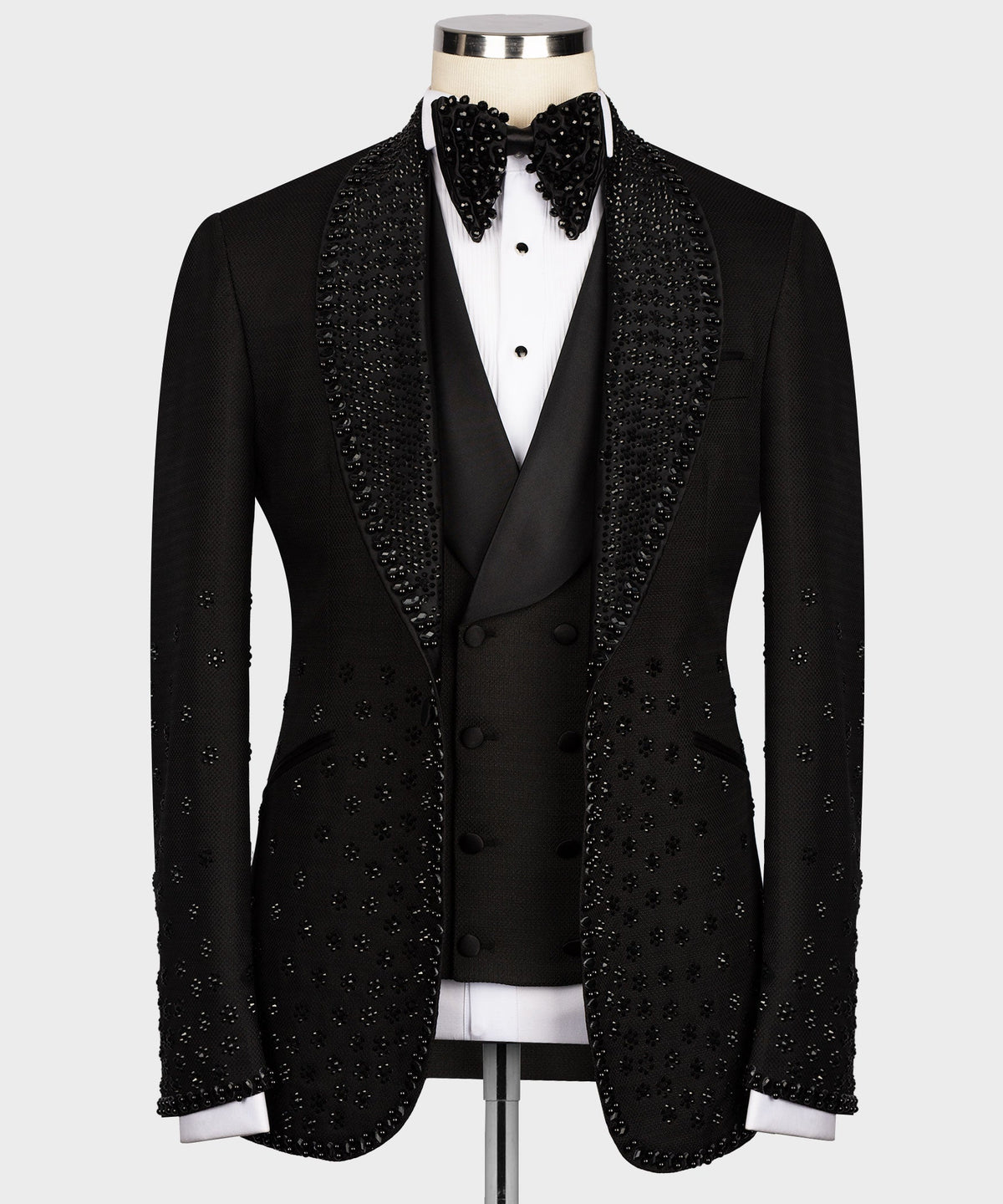 Black tuxedo jacket and vest set with jeweled sequin pattern and black satin lapels