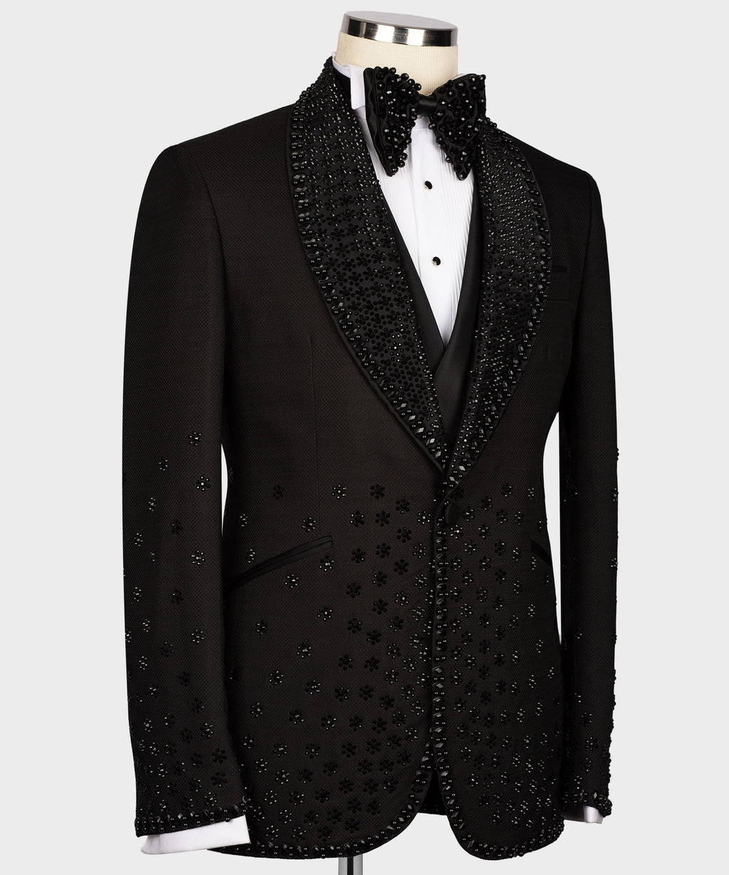 Black tuxedo jacket with sparkle sequin front and black bow tie