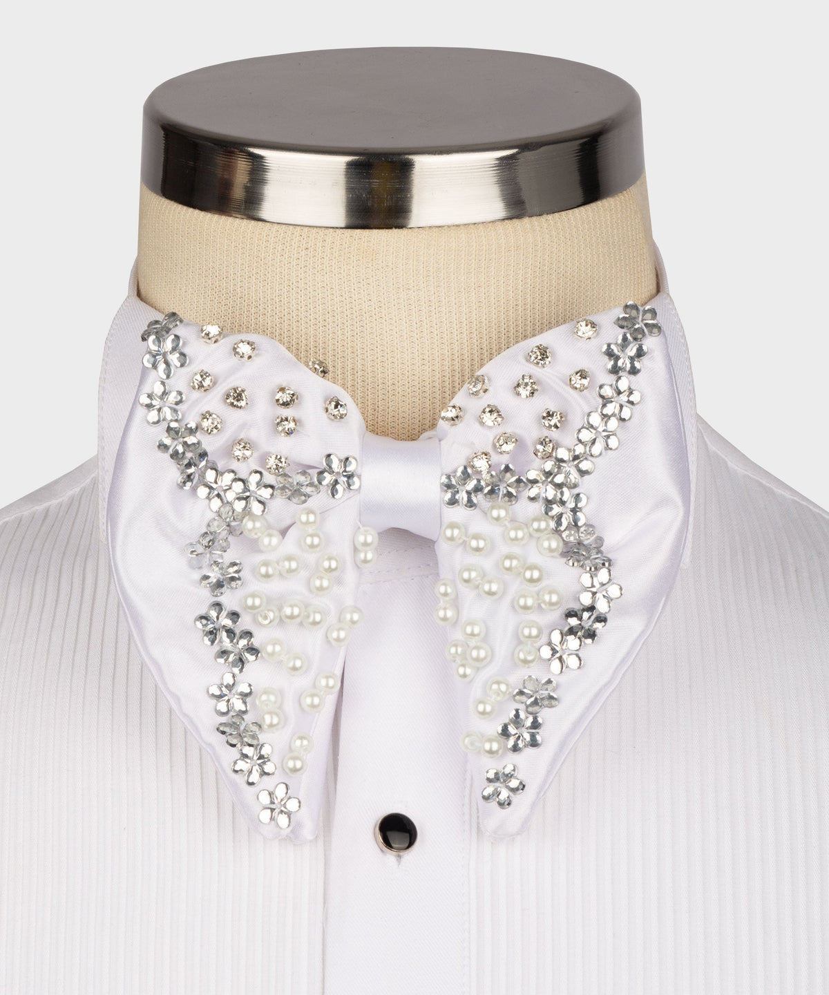 Silver & white beaded bow tie with pearl accents, ornate floral detailing