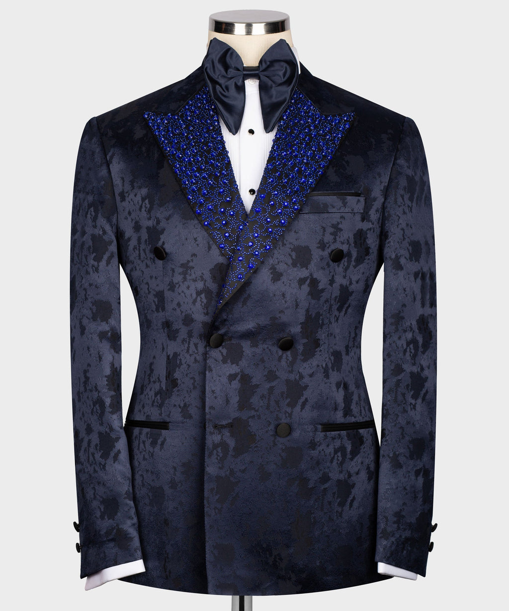 Navy formal tuxedo jacket with gemstone-embroidered blue lapels and satin bow tie