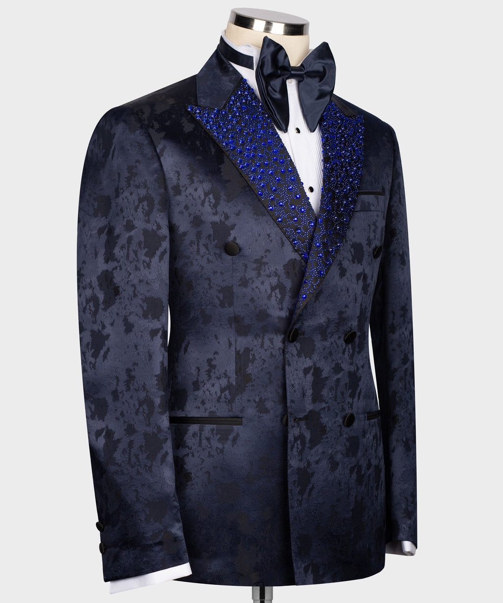 Navy tuxedo jacket, double-breasted front, blue sequin peak lapel and welt pockets