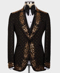 Black tuxedo silk-wool suit jacket with gold beadwork and satin bow tie