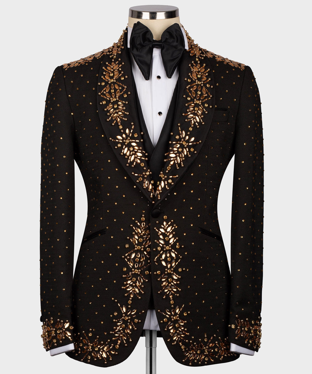 Black tuxedo jacket with gold beaded floral embroidery and satin lapels