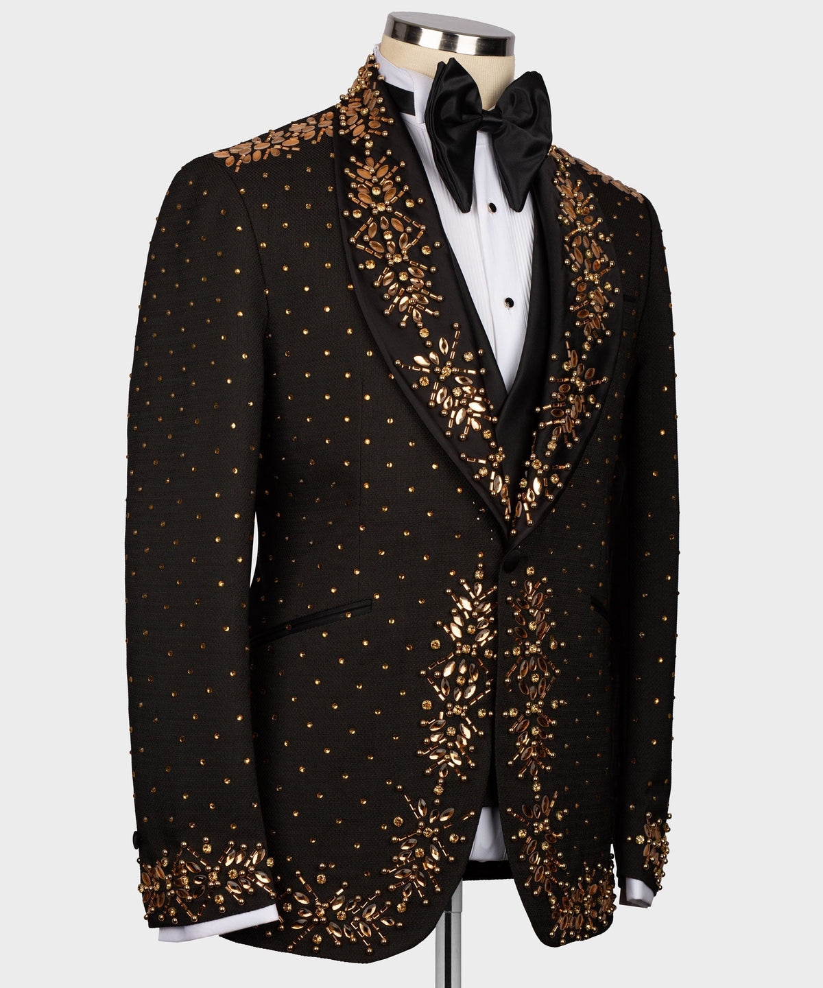 Black tuxedo suit jacket with gold beadwork accents and satin bow tie