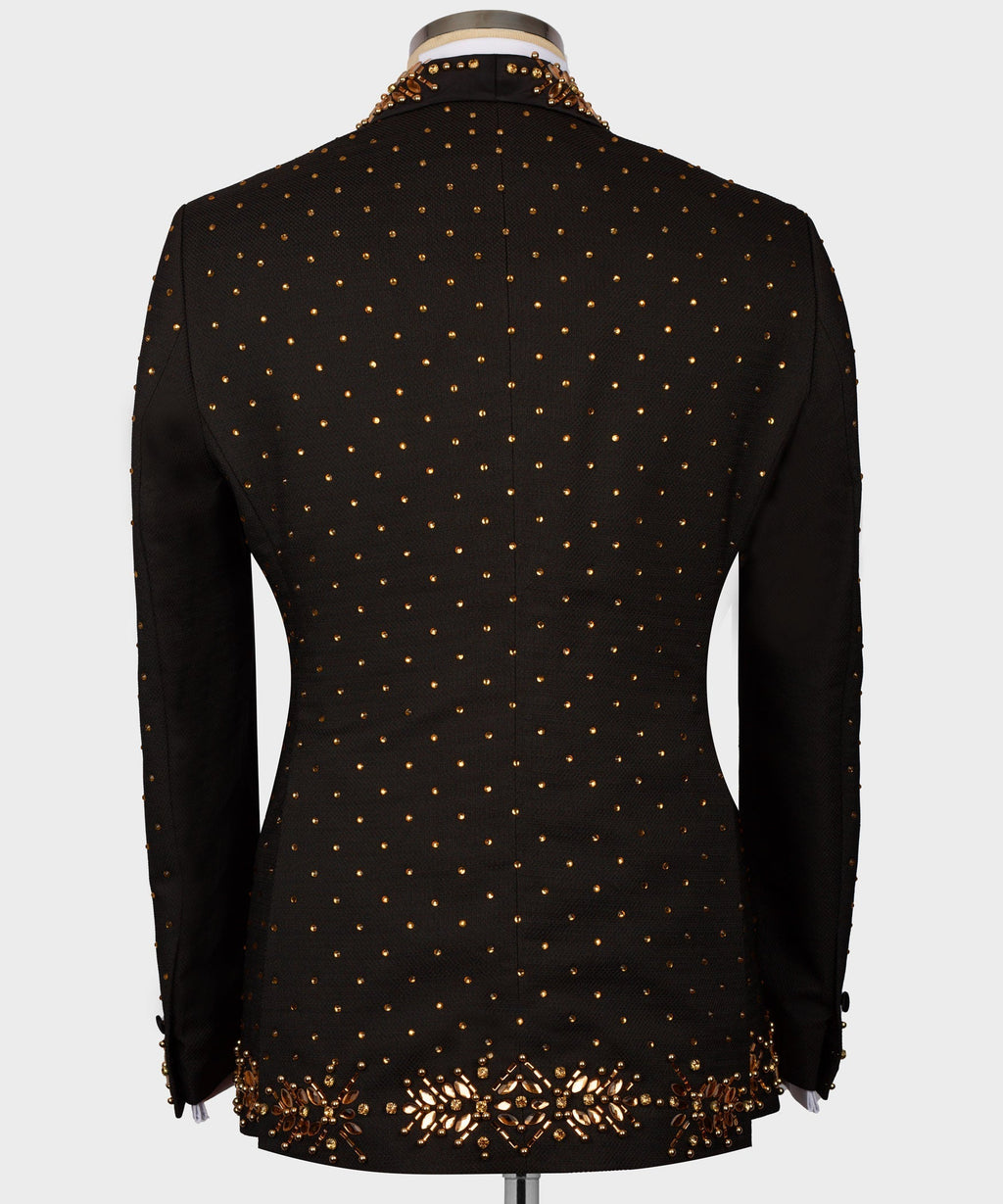 Black tuxedo jacket back with gold beaded dots and embellished hem trim