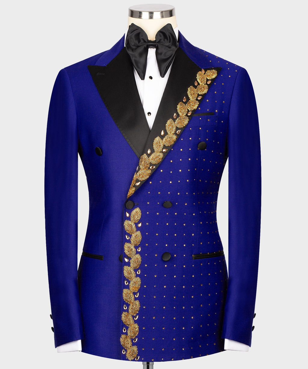 Blue tuxedo jacket with gold embroidered diagonal stripe, black satin bow tie & lapels