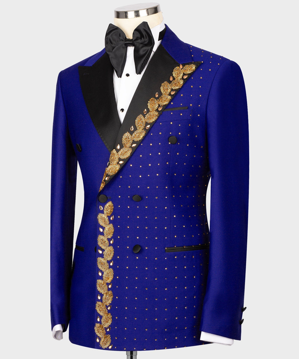Blue tuxedo jacket front view with gold embroidered diagonal sash and dotted pattern panel