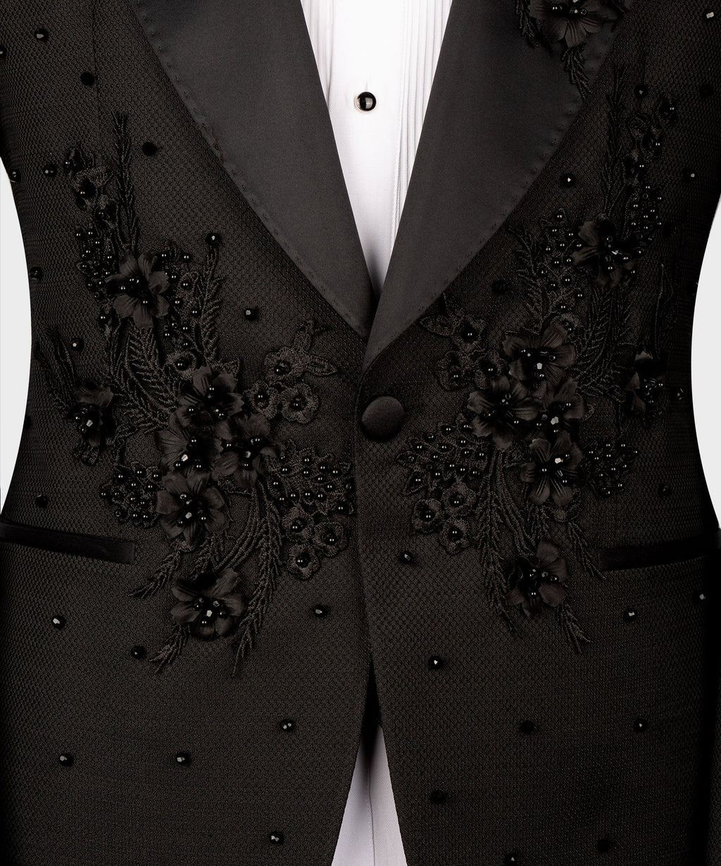 Black tuxedo waistcoat with large floral beadwork on lapels and center front button