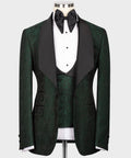 Green embossed tuxedo set with black satin lapels, bow tie, and vest