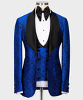 Blue embossed tuxedo jacket set: black satin lapels, bow tie, waistcoat
