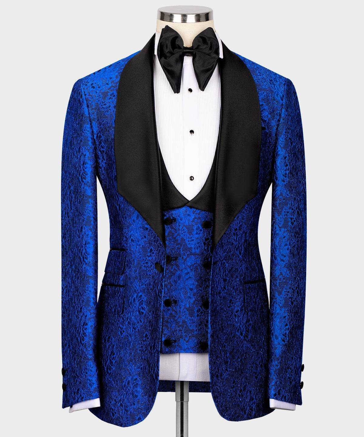 Blue embossed tuxedo jacket set: black satin lapels, bow tie, waistcoat