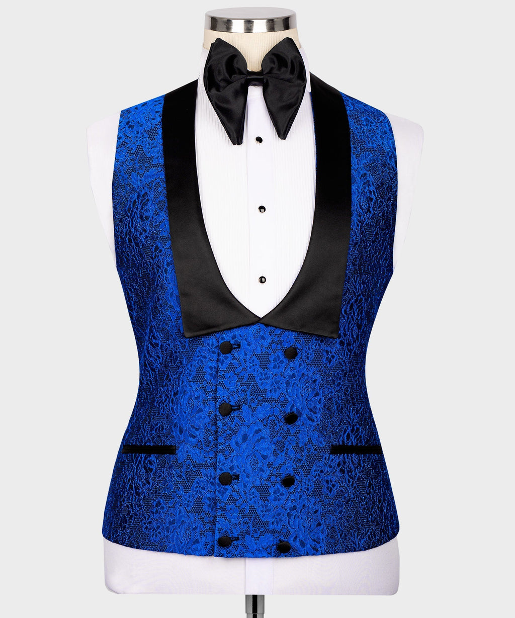 Blue embossed waistcoat with black satin V-lapel and bow tie, three-piece tuxedo set