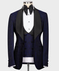 Navy embossed tuxedo suit 3-piece set with black satin lapels and bow tie
