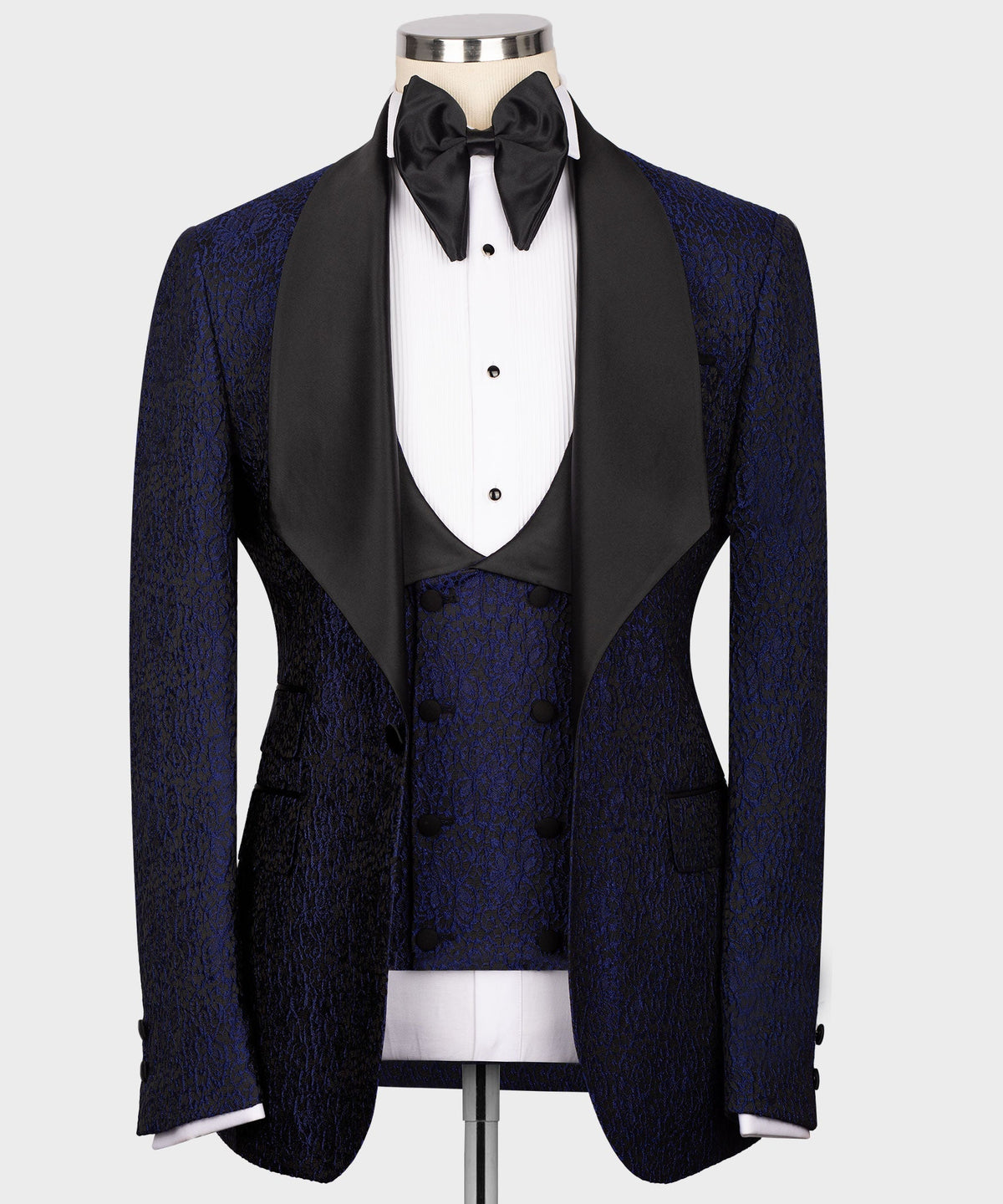 Navy embossed tuxedo suit 3-piece set with black satin lapels and bow tie