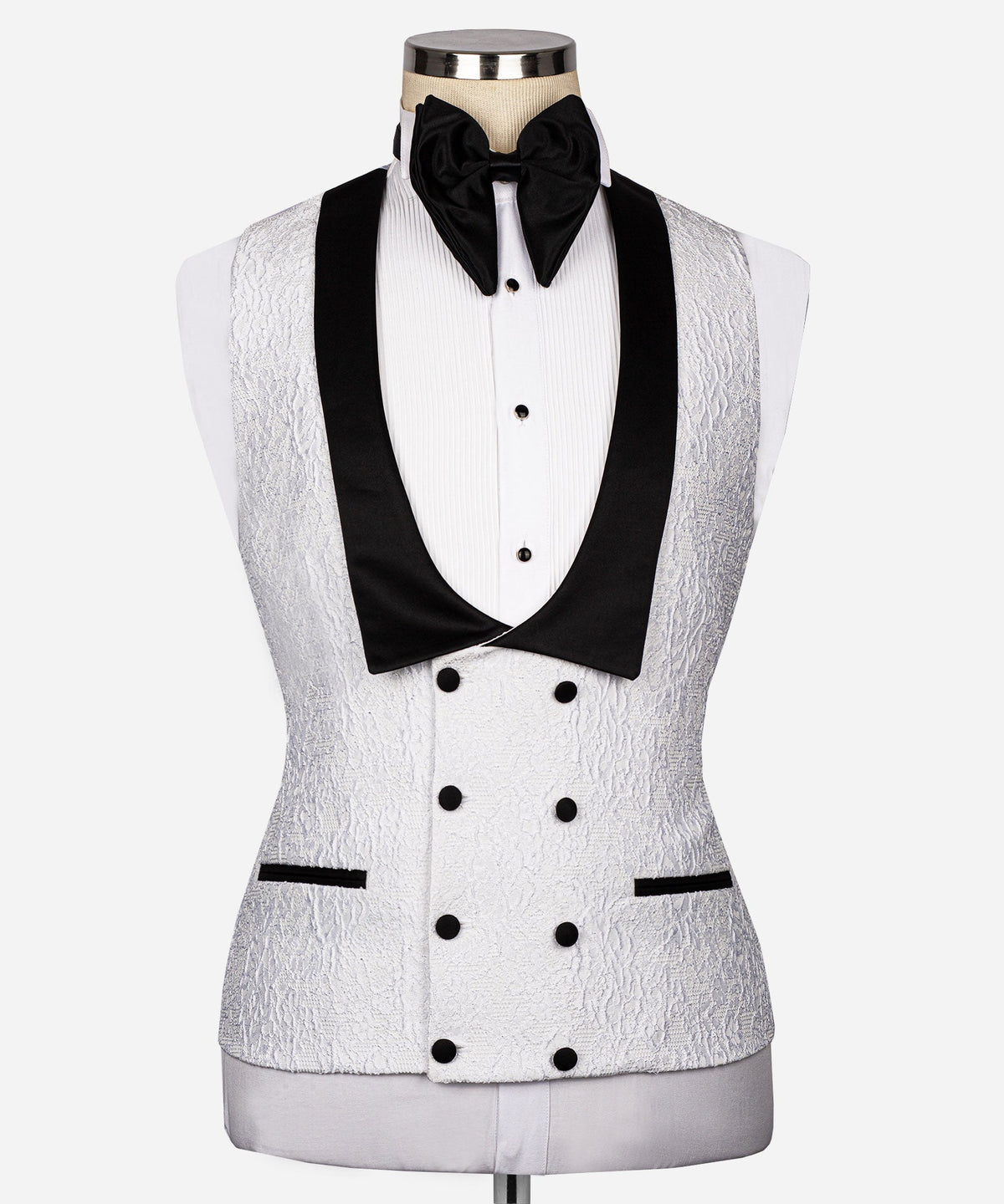 Embossed black-trim waistcoat front with double button row and tuxedo studs
