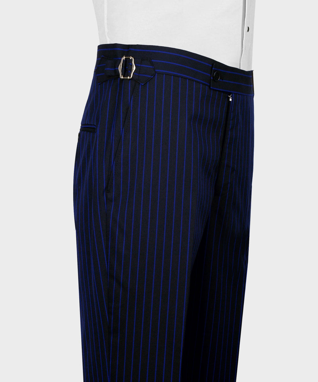 Dark navy pinstripe suit trousers with belt loops and front buttoned closure