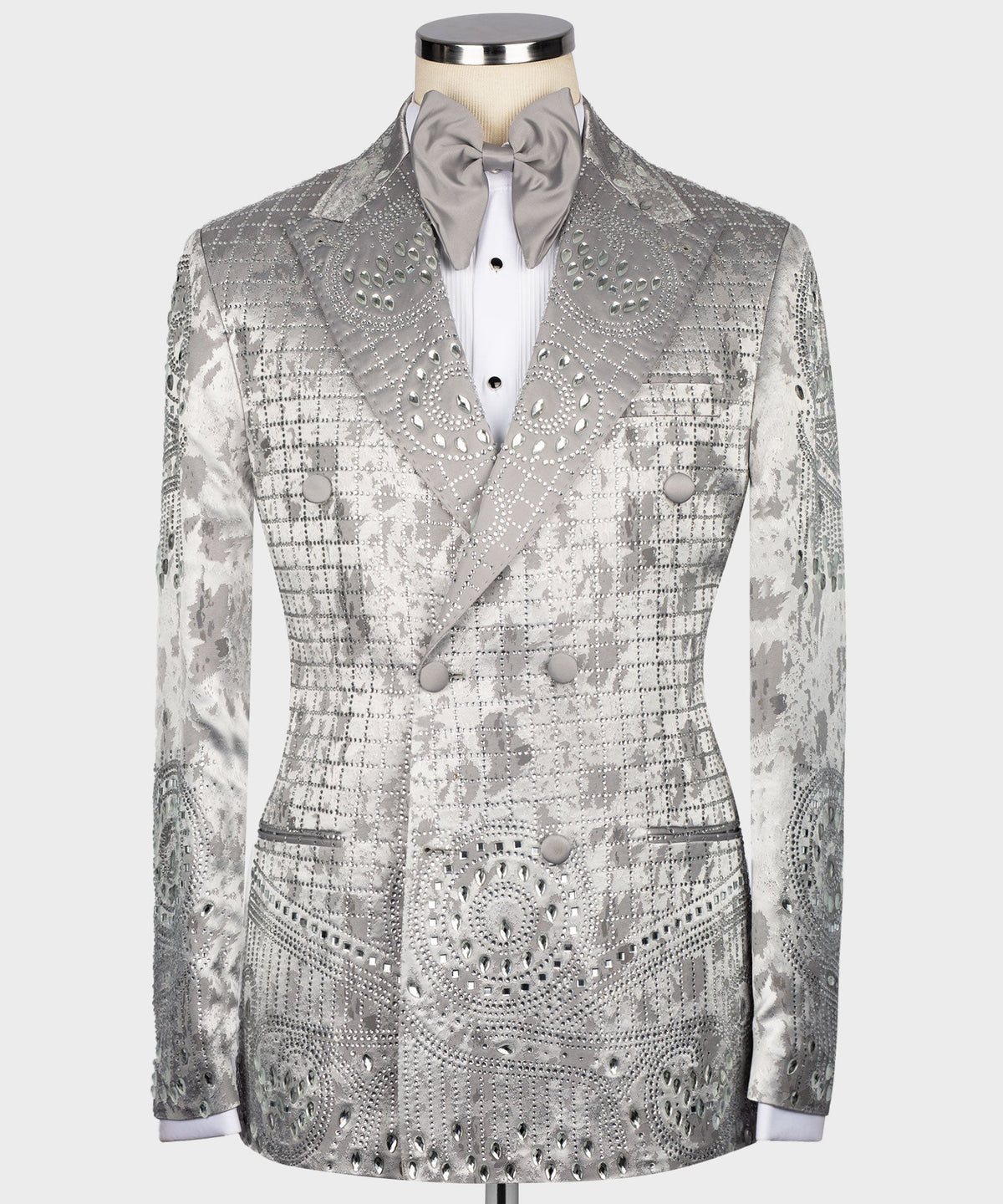 Gray-silver tuxedo jacket with studded embroidery, shawl lapel, and satin bow tie