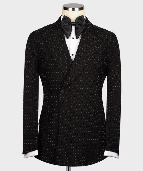 Black tuxedo jacket with stone-studded pattern, satin bow tie and notch lapels