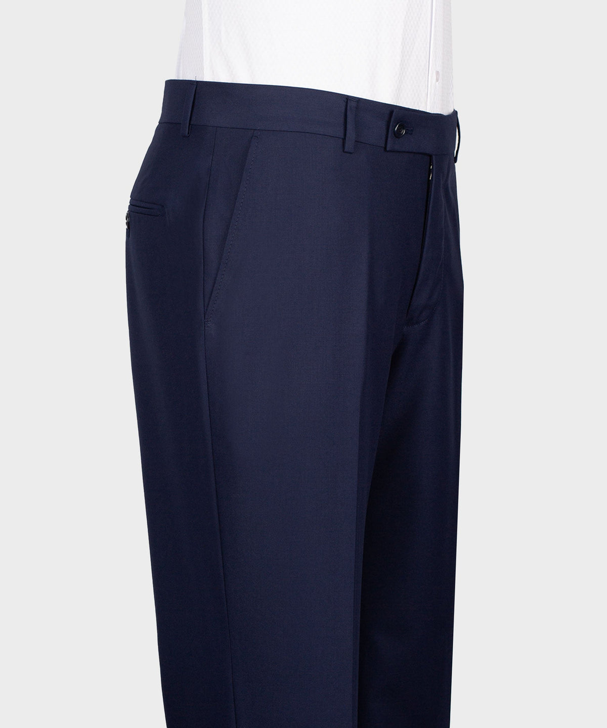 Navy-blue tuxedo trousers with flat front and side pockets