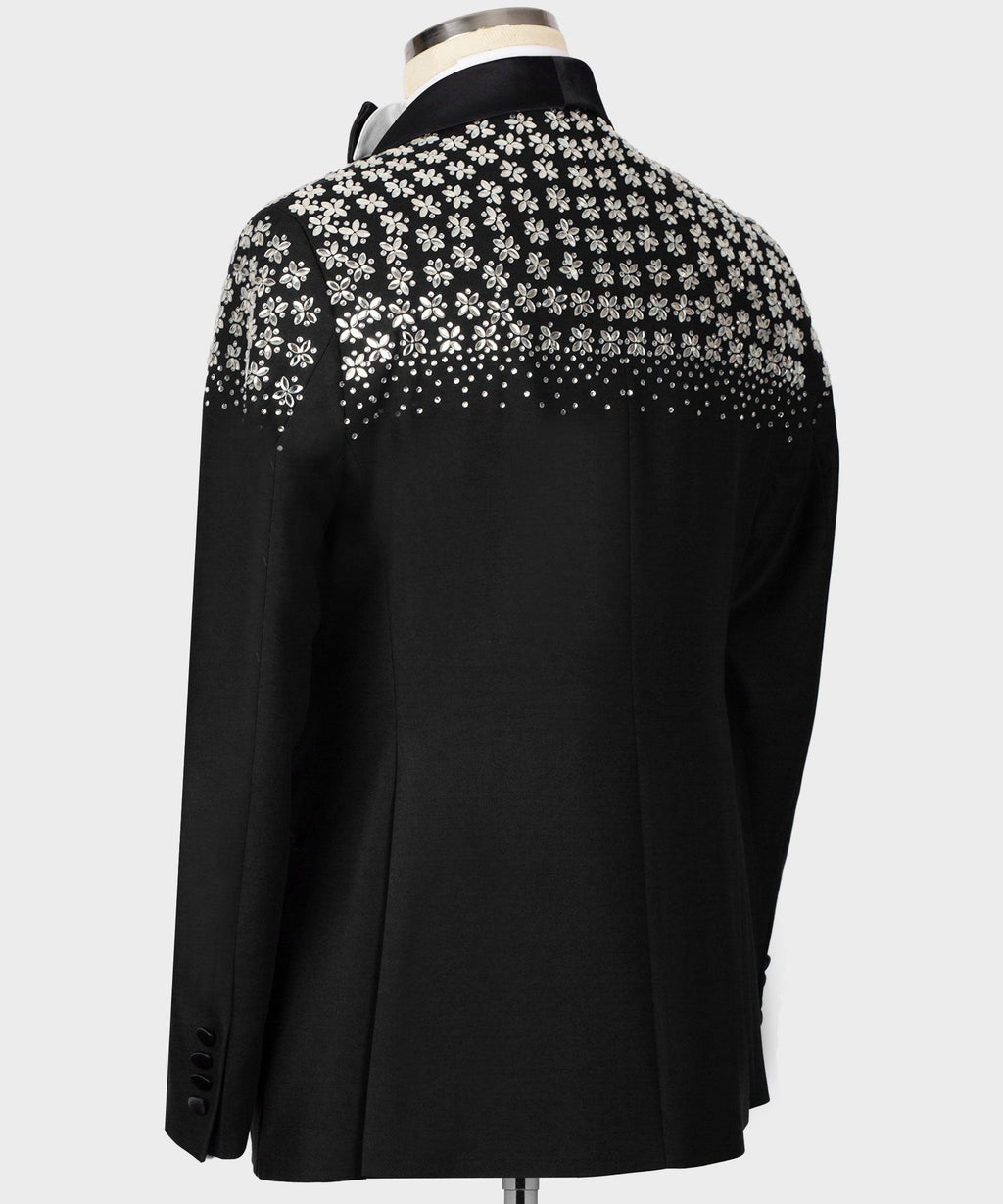 Men's black tuxedo back with stone-studded floral embroidery across the shoulders