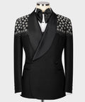Black tuxedo jacket with stone floral embroidery, satin bow tie, satin-trim lapels