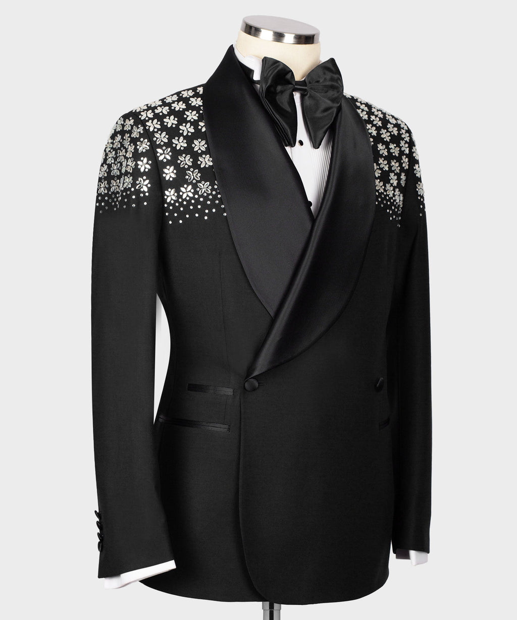 Black tuxedo jacket with stone floral shoulder embroidery and black bow tie