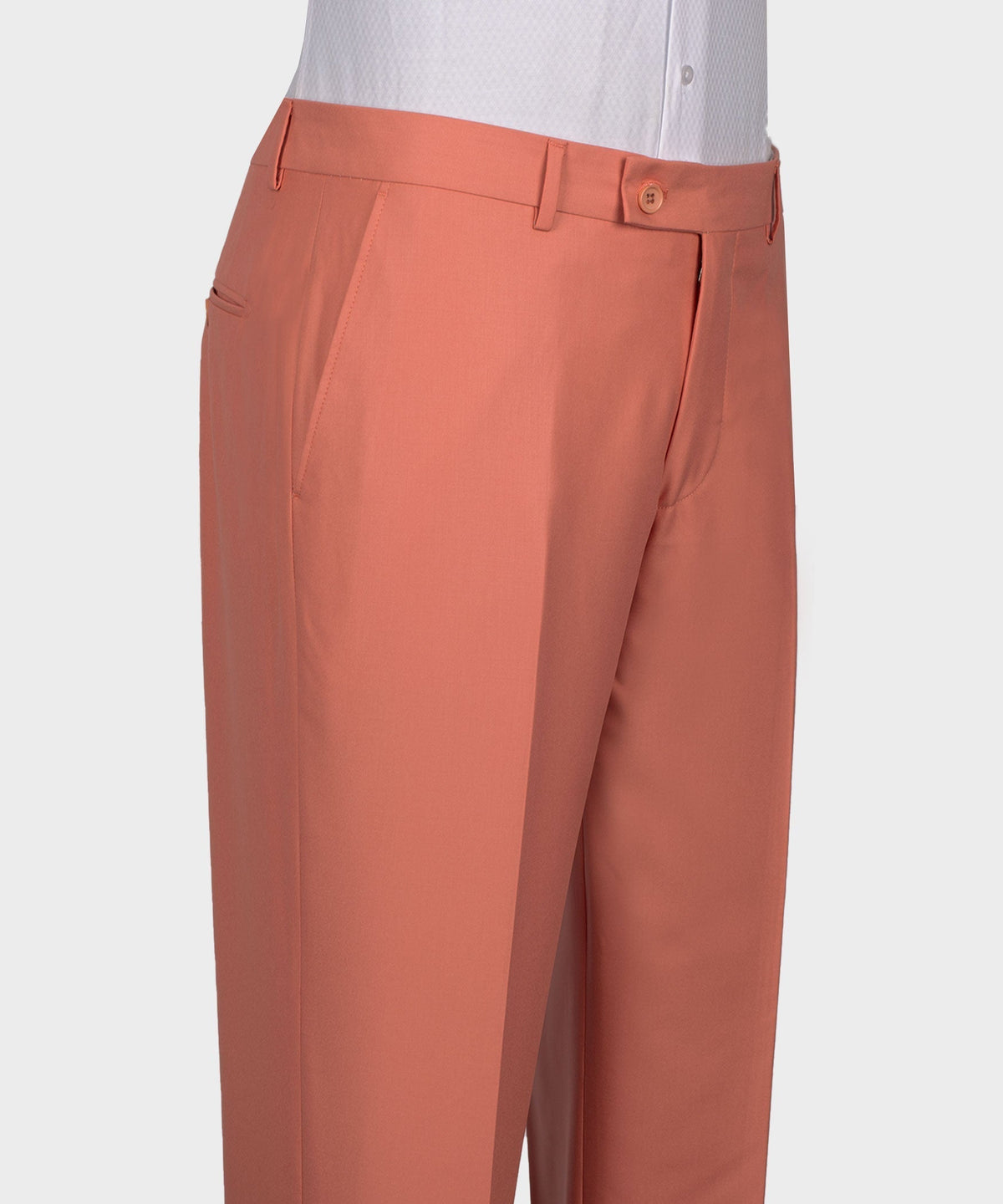 Dark pink tuxedo trousers with belt loops and buttoned front, straight leg