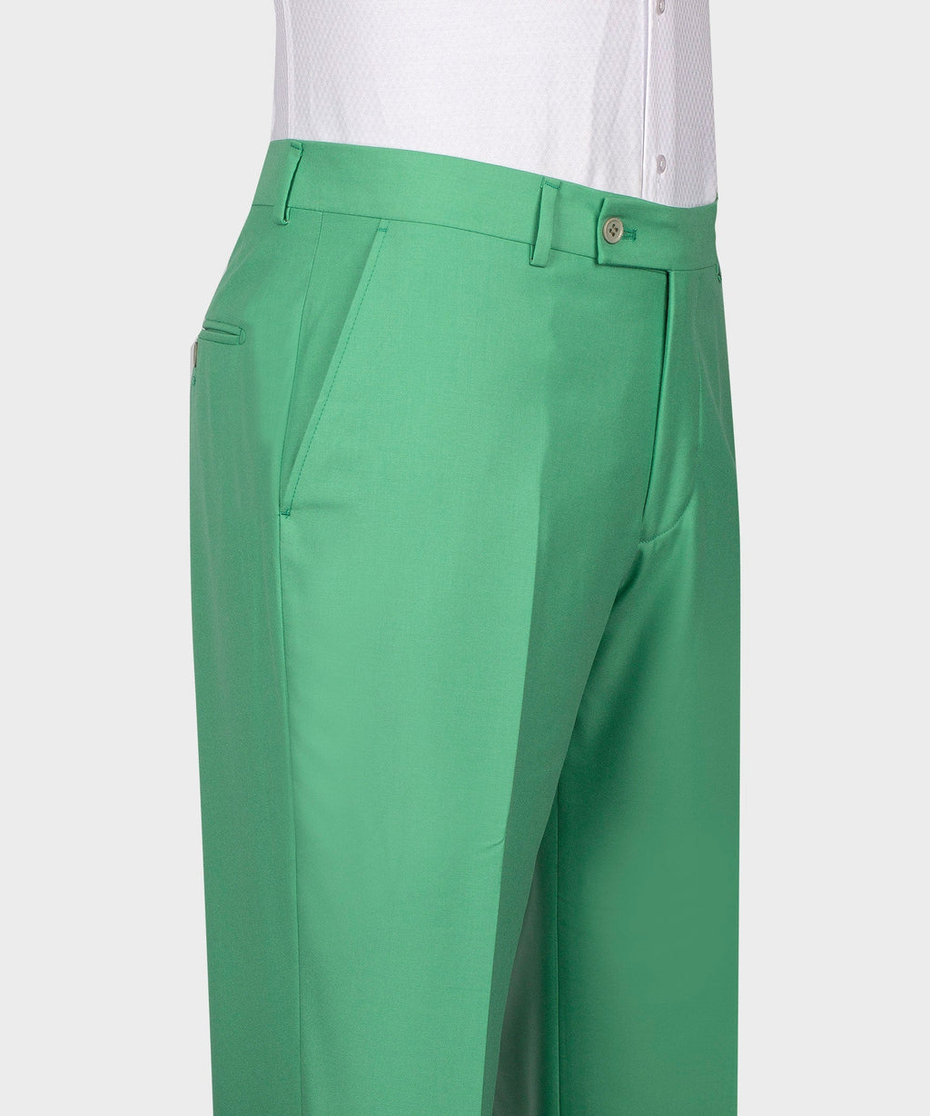 Light green tuxedo trousers with belt loops, button closure, and side pocket openings.