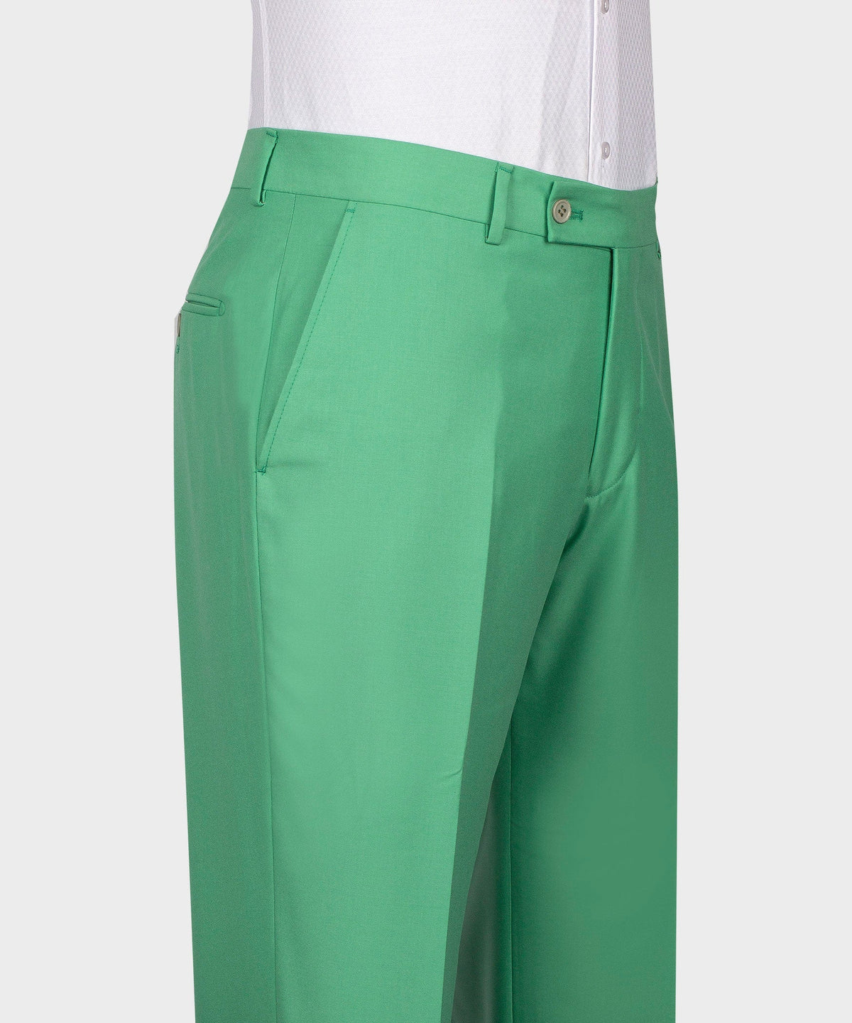 Light green tuxedo trousers with belt loops, button closure, and side pocket openings.