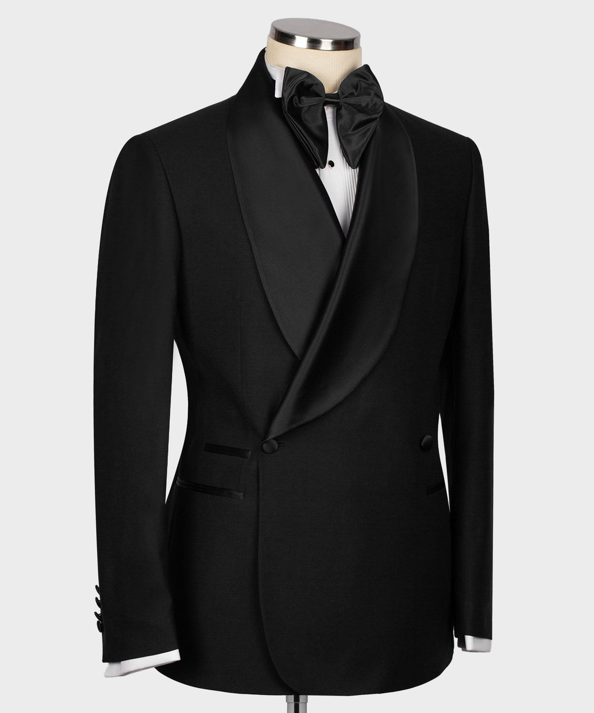 Black tuxedo jacket and waistcoat with satin shawl lapel and bouton front, front view