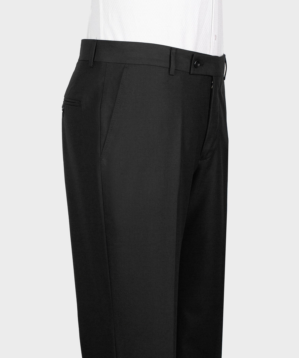 Black formal tuxedo trousers with flat front waistband and side seam pockets