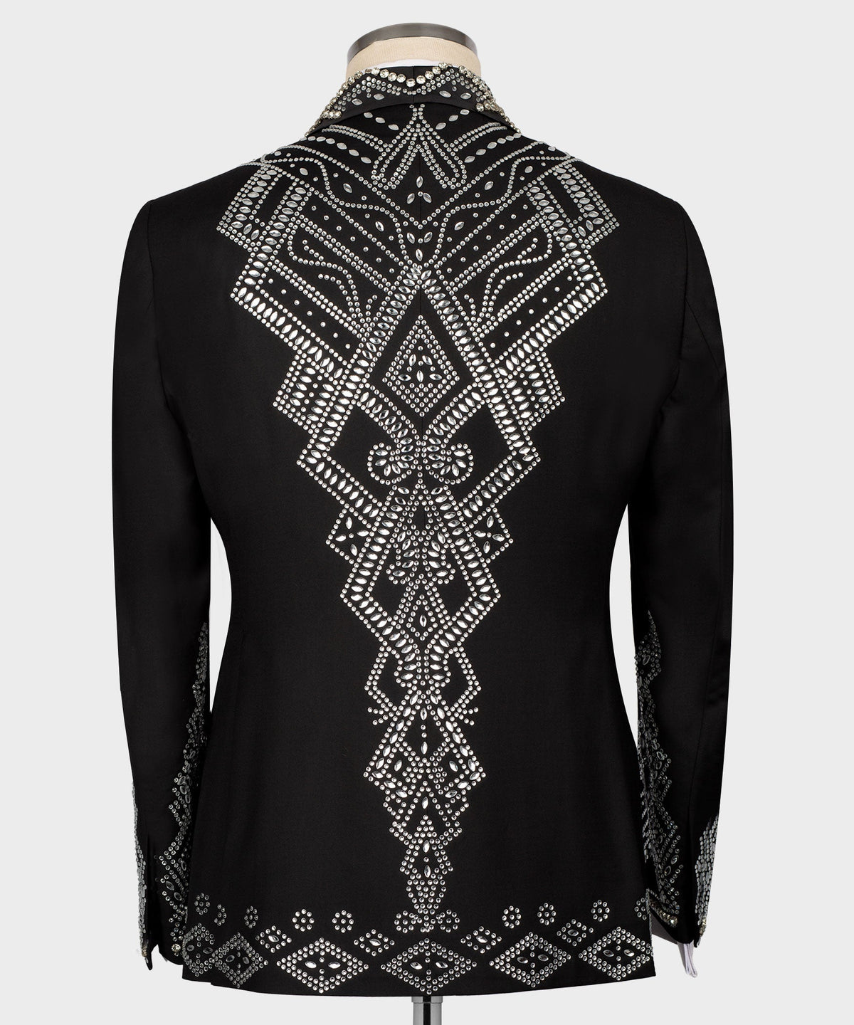 Black tuxedo jacket back view with rhinestone diamond cross pattern