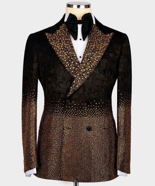 Black tuxedo jacket with gold gemstone-embellished shawl lapel and buttoned front