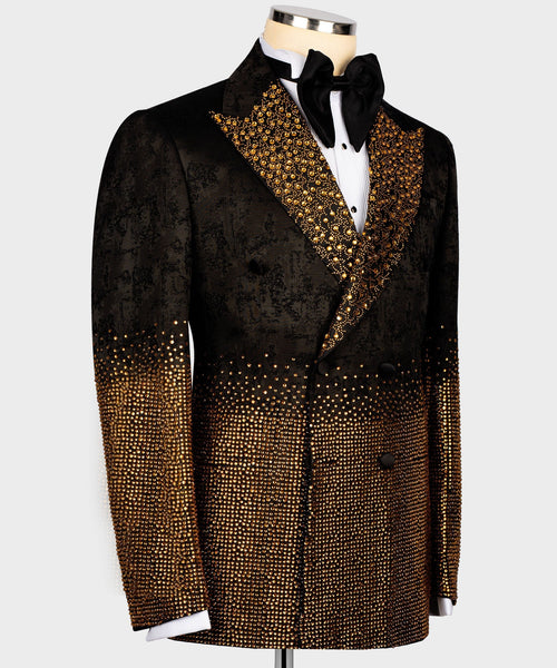 Black tuxedo jacket with gold crystal trim at shoulders, cuffs, and front hem