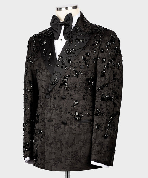Black tuxedo jacket, bow tie front, scattered jeweled embellishments