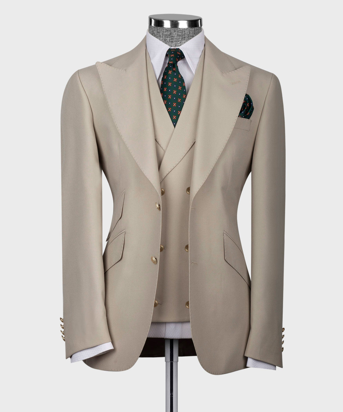 Cream classic vest suit jacket with notch lapels, gold buttons, and matching pocket square