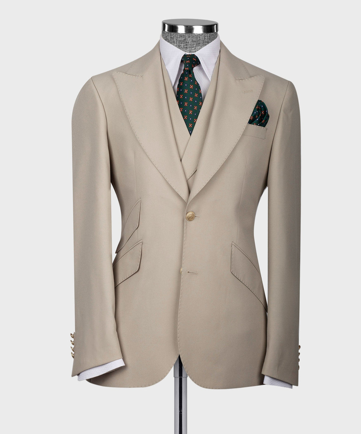 Cream vest suit jacket front view with notch lapels, gold buttons, and flap pockets
