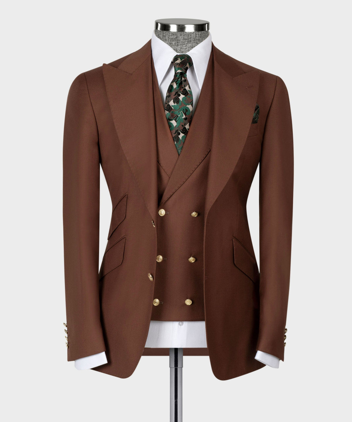 Brown 3-piece suit jacket and vest set, gold buttons, notched lapels, patterned green tie