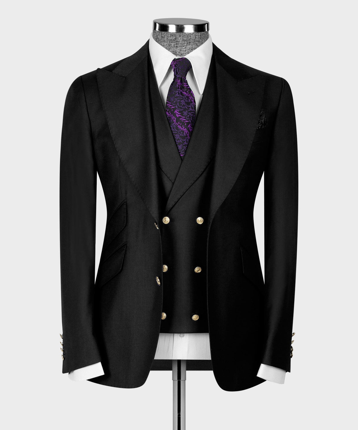Black vest suit jacket and vest, gold buttons on vest, notch lapels, purple patterned tie