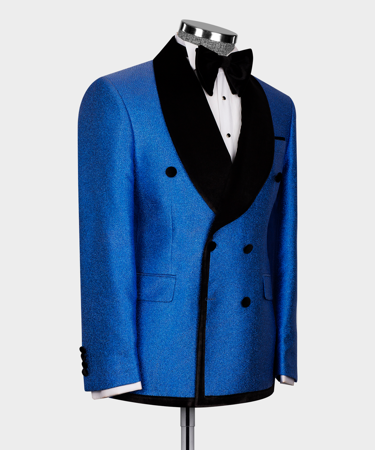 Front view blue velvet double-breasted blazer with black shawl lapels and dark buttons